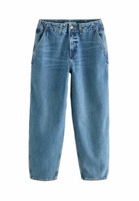 Jeans din denim de culoare albastru deschis, cu un croi lejer, cinci buzunare, bucle pentru curea și închidere cu nasture. Estompare subtilă pe tot materialul.