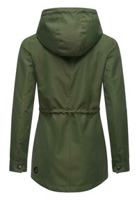 Green waterproof jacket with a hood, adjustable waist, snap cuffs, and logo patch. Smooth fabric texture and streamlined silhouette.