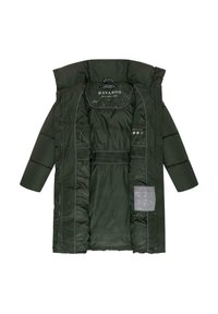 Dark green puffer coat with a zippered front, large hood, and quilted texture. Features logo and care label inside.