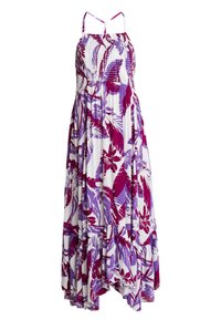 Maxi šaty v bílé barvě s fialovými a burgundskými květinovými vzory, s nastavitelými ramínky na tenké špagety a volánkovým lemem. Směs bavlny.
