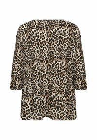 Halenka s leopardím vzorem, s tříčtvrtečními rukávy, volným střihem, lehkým materiálem v černých, hnědých a krémových odstínech a s nařaseným designem na zádech.