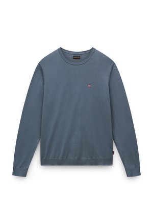 Długi rękaw sweter w odcieniu slate blue, z okrągłym dekoltem, ściągaczami przy rękawach oraz małym logo na piersiach. Gładka bawełniana tkanina.