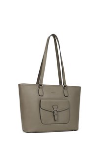 Borsa a tracolla verde oliva realizzata in pelle testurizzata, con due manici lunghi e una tasca frontale con chiusura a fibbia in metallo.