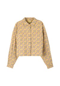 Chemise à carreaux cropped en jaune, gris et rose. Elle possède des manches longues, une fermeture à boutons et deux poches avant. Tissu doux et texturé.