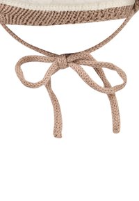 Knit hat with a beige and cream color scheme, features a textured design, and soft ties for adjustment at the chin.