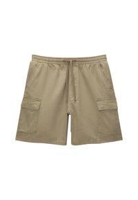 Bermudas beige de cargo con cintura elástica y cordón, que cuentan con dos bolsillos laterales y un gran bolsillo de cargo en el muslo.