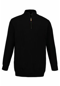 Schwarzer Pullover mit hohem Kragen und halbem Reißverschluss. Hergestellt aus einem weichen Material mit gerippten Bündchen und Saum. Schlichtes Design.