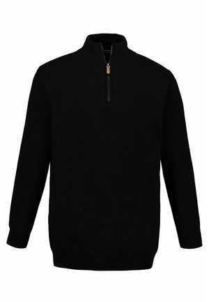 Zwarte pullover trui met hoge kraag en een halve rits. Gemaakt van een zachte stof met geribde boorden en onderste rand. Eenvoudig ontwerp.