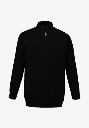 Black pullover sweater with a high collar and a half-zip closure. Made from a soft material with ribbed cuffs and hem. Simple design.