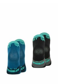 Deux paires de chaussettes de sport : une bleue avec des accents turquoise, et l'autre noire avec des accents gris, toutes deux portant la mention "SPORT".