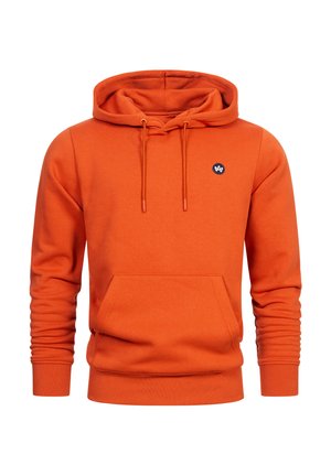 Orange hoodie made of cotton blend, featuring long sleeves, a front kangaroo pocket, drawstring hood, and a small logo on the chest.