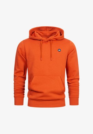 Orange hoodie made of cotton blend, featuring long sleeves, a front kangaroo pocket, drawstring hood, and a small logo on the chest.