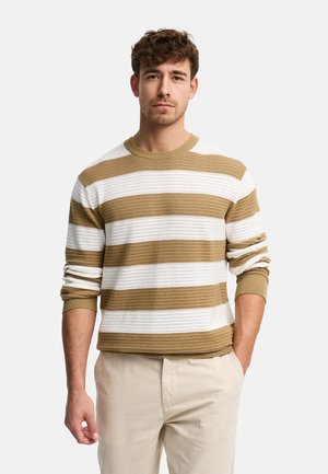 Jonge man met krullend haar, gekleed in een beige-wit gestreepte trui met lange mouwen en lichtbeige broek, met één hand in zijn zak.