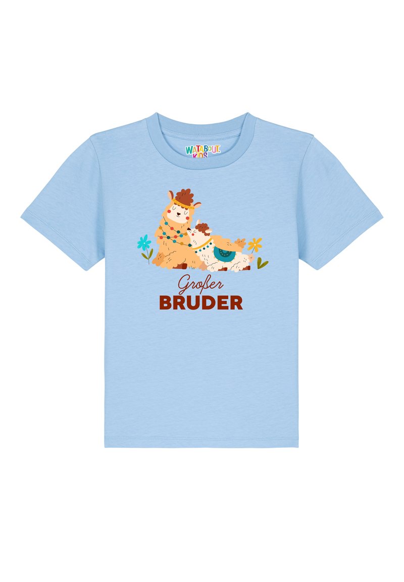 Light blue short-sleeve t-shirt featuring graphic of two llamas with flower accents and the text "Grofer BRUDER" in brown. Soft cotton material.