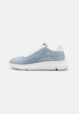 Light blue sneaker with white sole and laces, featuring a textured pattern of reflective dots across the upper side.