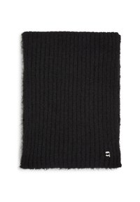 Svart strikket skjerf med ribbet tekstur. Mykt materiale, rektangulær form, med en liten logo detajl på den nedre kanten.
