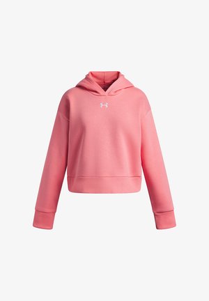 Rožinė trumpa su gobtuvu su ilgomis rankovėmis ir mažu baltu Under Armour logotipu ant krūtinės, sukurta kasdieniam dėvėjimui.