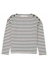 Långärmad tröja med horisontella svartvita ränder, rund halsringning och dekorativa knappar på vänster axel. Mjuk tygkänsla.