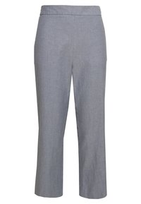 Ljusgrå, medelhöga byxor gjorda av texturerat tyg. Har en rak passform, en sömlös midja och inga synliga fickor.