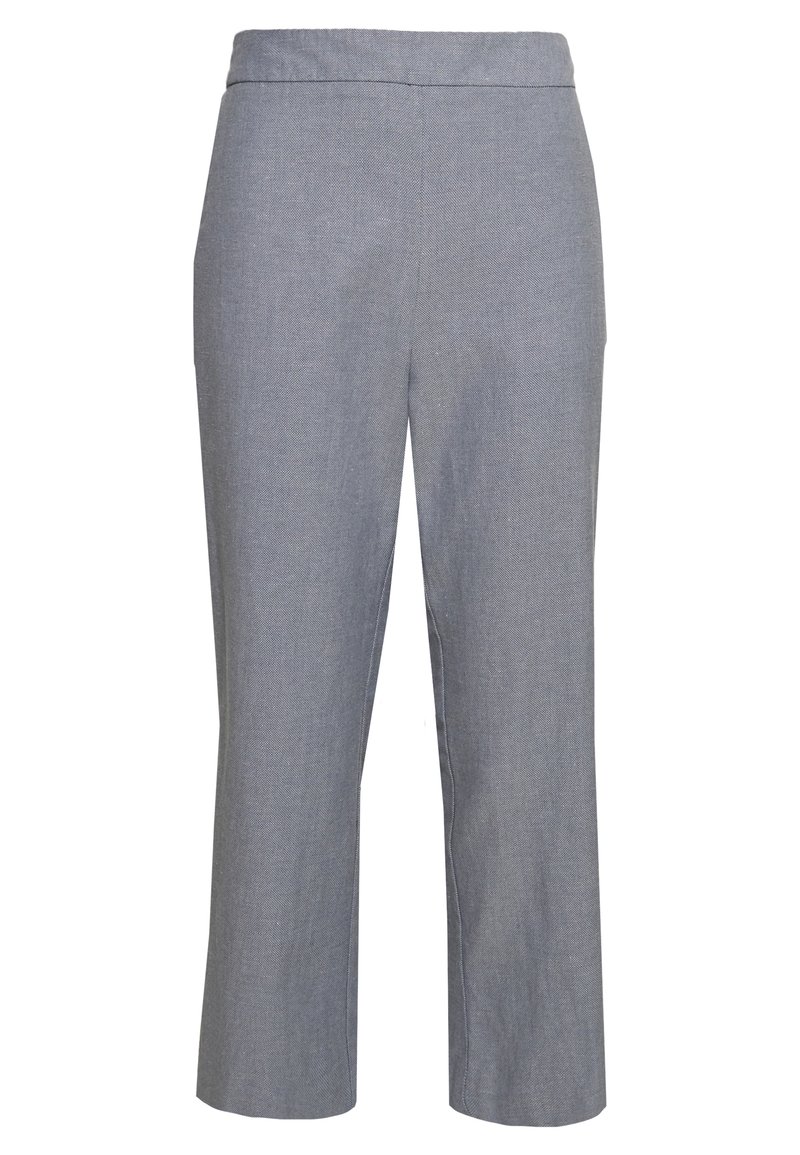 Ljusgrå, medelhöga byxor gjorda av texturerat tyg. Har en rak passform, en sömlös midja och inga synliga fickor.