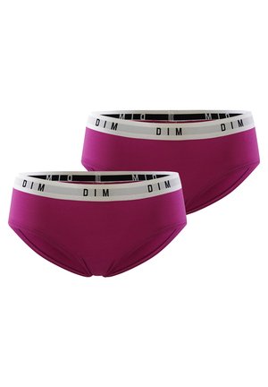 Two pairs of magenta briefs with a white elastic waistband featuring black text. The fabric is smooth with a seamless design for comfort.