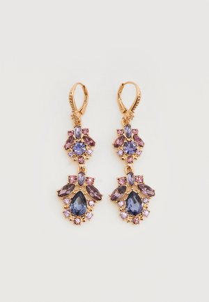 Gold-tone drop earrings with purple and pink oval, round, and teardrop-cut gemstones arranged in floral clusters.