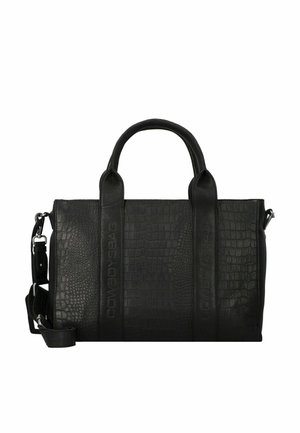 Sac en cuir noir à motif crocodile, doté de poignées supérieures doubles, d'une bandoulière amovible et d'accents de marque sur le côté. Forme rectangulaire.