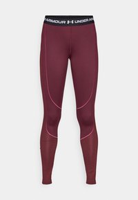 Bordeaux leggings med svart elastisk midjebånd, med rosa sømmer og en tettsittende design. Materialet har en glatt tekstur med en lett glans.