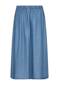 Falda de mezclilla con cintura elástica, hasta la rodilla, en un color azul claro sólido y con una textura suave y lisa.