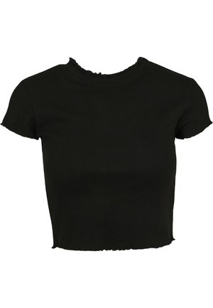 Sort kortærmet cropped top med flæsekant på ærmer, halsudskæring og kant, lavet af ribstrikket stof.