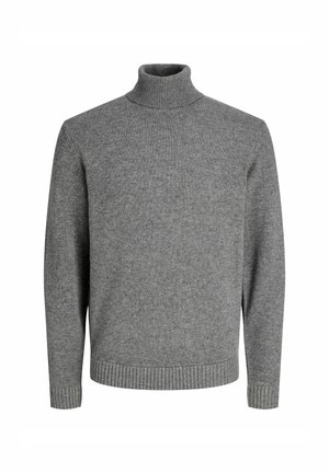 Grijze coltrui gemaakt van zacht breimateriaal. Voorzien van een geribde kraag, manchetten en zoom, met een ontspannen pasvorm en een gladde textuur.