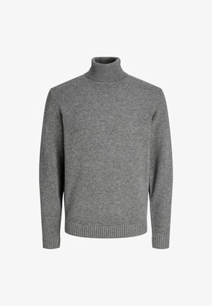 Grijze coltrui gemaakt van zacht breimateriaal. Voorzien van een geribde kraag, manchetten en zoom, met een ontspannen pasvorm en een gladde textuur.
