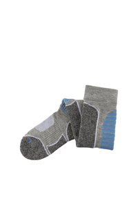 Gray socks featuring textured patterns, light blue accents, and a cushioned design; includes mesh sections for breathability.