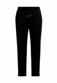 Pantaloni della tuta neri realizzati in un tessuto morbido, con vita regolabile tramite coulisse, gambe affusolate e polsini arrotolati con dettagli metallici.