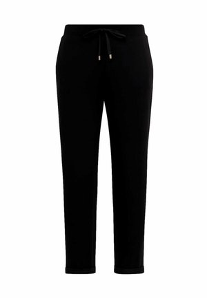 Pantaloni della tuta neri realizzati in un tessuto morbido, con vita regolabile tramite coulisse, gambe affusolate e polsini arrotolati con dettagli metallici.