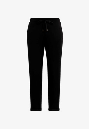 Pantaloni della tuta neri realizzati in un tessuto morbido, con vita regolabile tramite coulisse, gambe affusolate e polsini arrotolati con dettagli metallici.