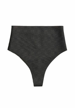 Čierny bikinový spodok s vysokým pásom a štruktúrovaným vzorom malých kruhov, s hladkým povrchom a bezšvovými okrajmi.