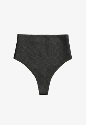 Chiloți de bikini negri cu talie înaltă, având un model texturat cu cercuri mici, cu un finisaj dintr-un material neted și margini fără cusături.