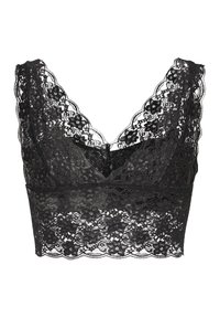 Bralette en dentelle noire avec un décolleté et un ourlet festonnés, présentant des motifs floraux et une texture semi-transparente. Conçu sans armatures.