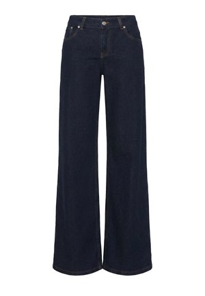 Tmavě modré džíny s širokými nohavicemi, zapínáním na přední knoflíky, poutky na opasek a kapsami, zobrazené na bílém pozadí.