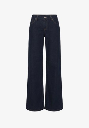 Granatowe dżinsy o szerokich nogawkach z przodem zapinanym na guziki, szlufkami na pasek i kieszeniami, prezentowane na białym tle.