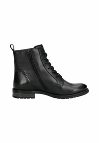 Black leather ankle boots feature a lace-up front and side zipper, sturdy rubber sole, and a pull tab for easy wear.