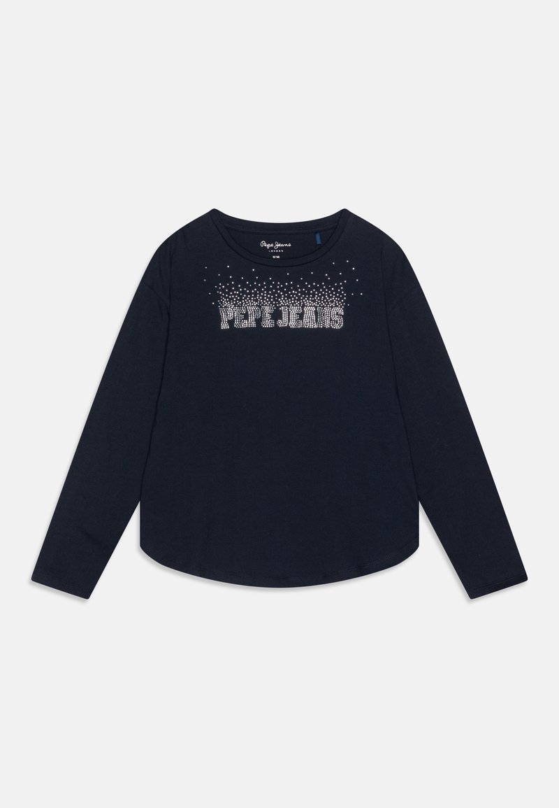 Tmavě modrá dlouhá košile s kulatým výstřihem a textem "PEPE JEANS" v bílých tečkách přes hruď.