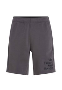 Šedé sportovní šortky s elastickým pasem, bočními kapsami a tištěným logo v černé barvě na dolní pravé noze. Hladká, lehká tkanina.