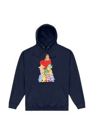 Mørkeblå hættetrøje med en farverig illustration af stablede bjørne mod et stort rødt hjerte, med en lomme foran og snore i hætten.