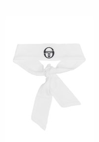 Bílá bavlněná čelenka s černým vyšívaným logem. Má uzlový design a dva prodloužené konce pro pevné připevnění.