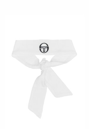 Cinta para la cabeza de algodón blanco con un logo bordado en negro. Presenta un diseño anudado y dos extremos alargados para un ajuste seguro.