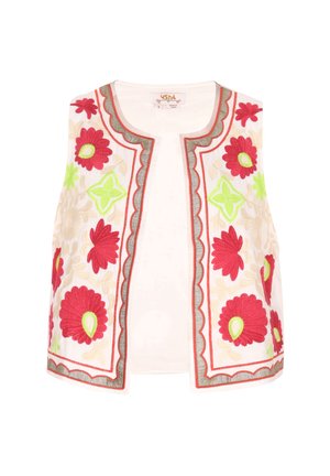 Gilet senza maniche ricamato in tessuto bianco con motivi floreali rossi, rosa e verdi, dotato di un bordo scalloped e rifiniture a contrasto.