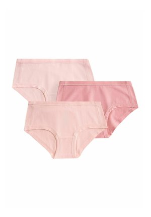 Trois sous-vêtements en coton pour femmes dans différentes nuances de rose clair, disposés côte à côte sur un fond blanc.