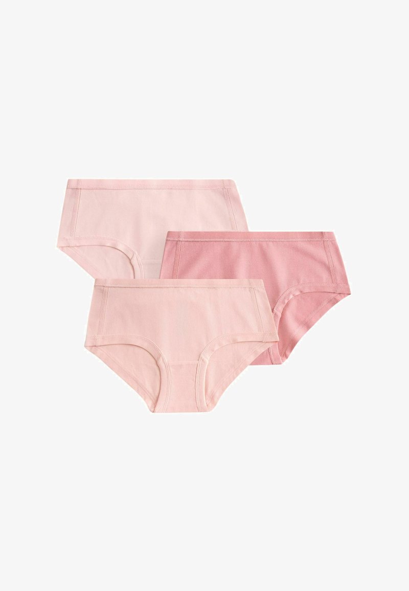 Trois sous-vêtements en coton pour femmes dans différentes nuances de rose clair, disposés côte à côte sur un fond blanc.